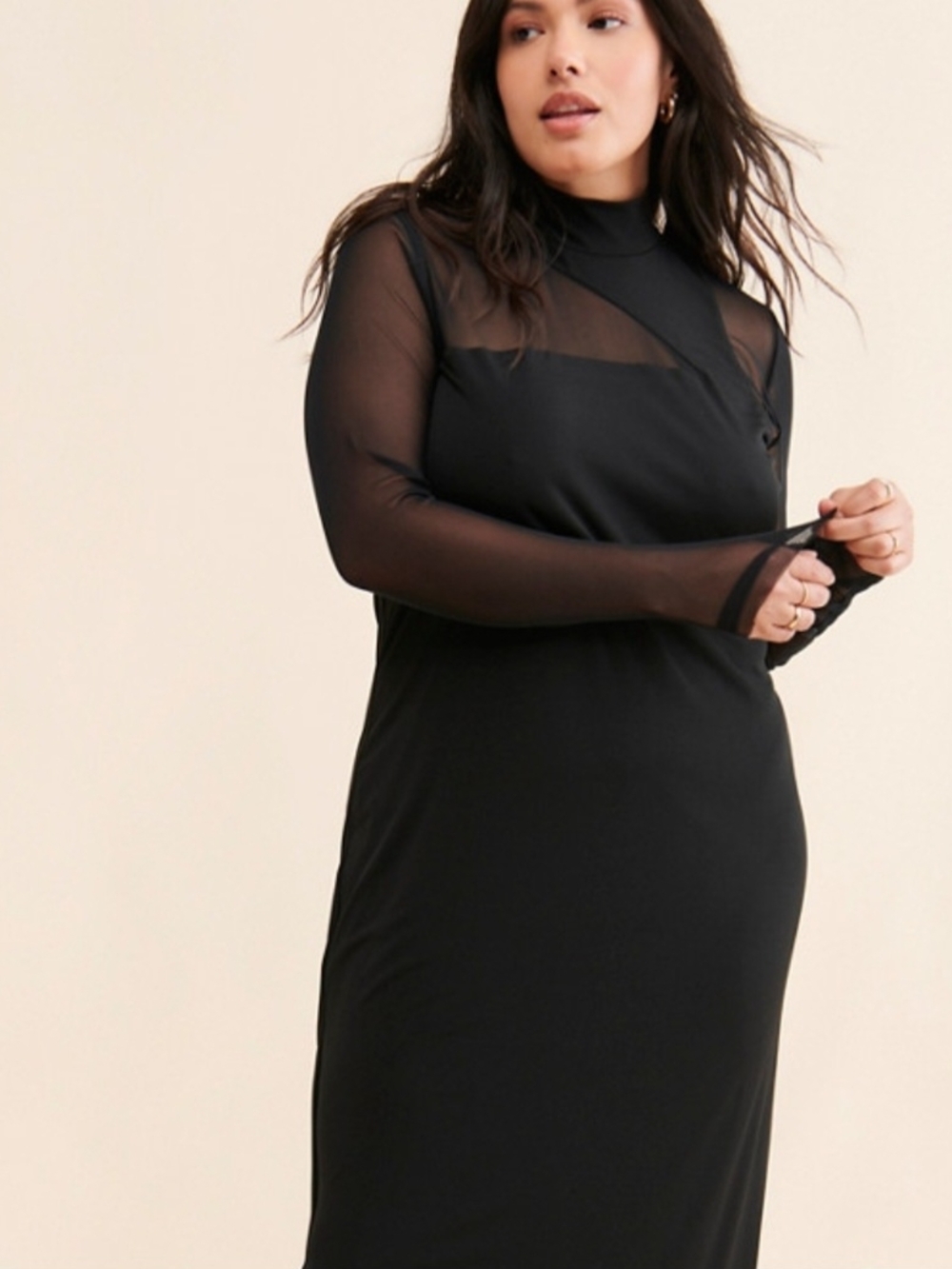 Eloquii Black Sheer Panel Long Sleeve Mock Neck Dress
